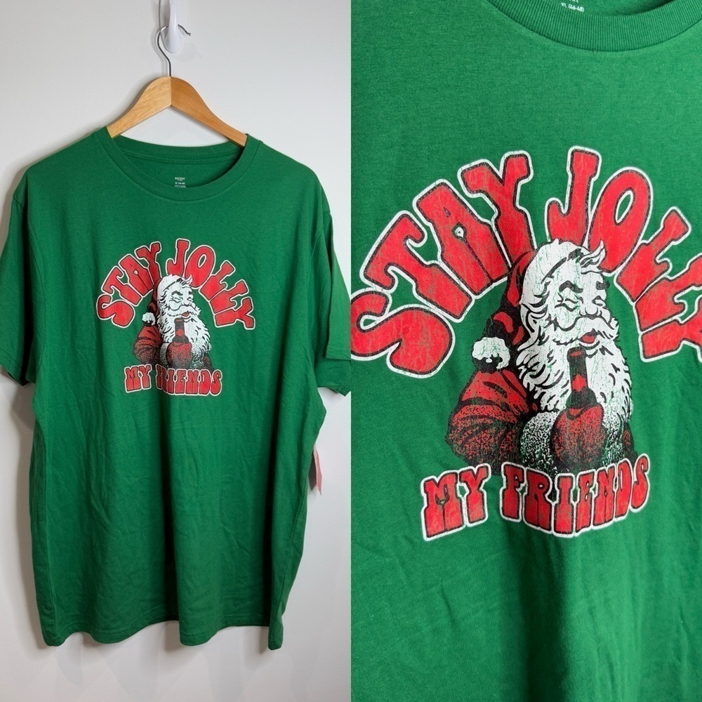 Holiday Time Santa Print Green T-Shirt (XL)